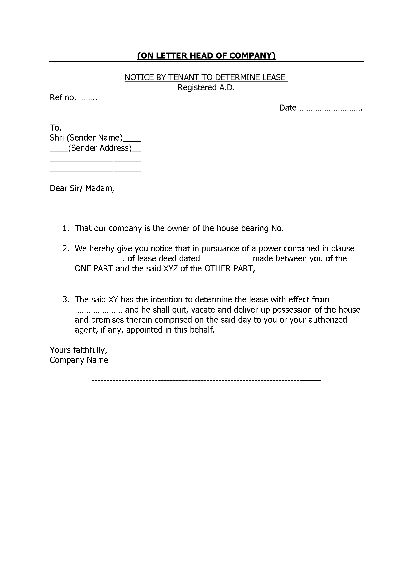 Notice by Tenant to Determine Lease
